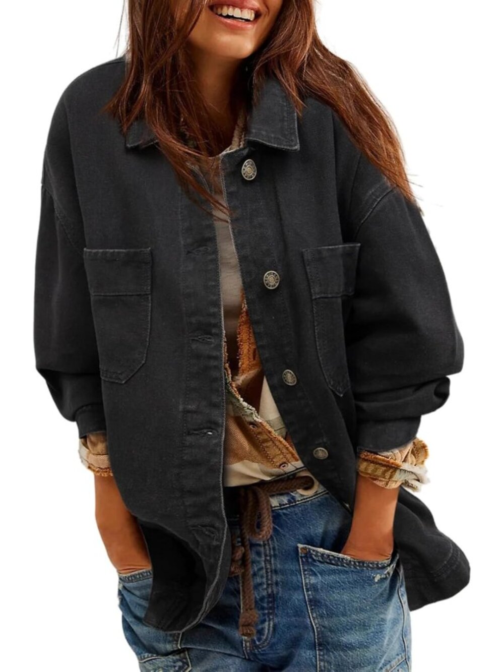 Women's Black Sleeve Button Down Casual Denim Jean Jacket Shacket